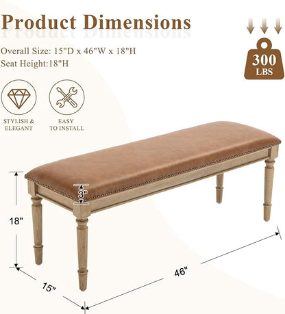 DM Furniture 46'' French Country Entryway Bench Wooden Faux Leather Upholstered Seat Dinng Bench with Nailhead Trim for Hallway End of Bed, Brown