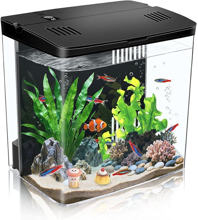 Small Fish Tank 1.2 Gallon Self Cleaning Betta Aquarium Starter Kit with Auto-Cycling Quiet Pump (Filteration & Oxygenation & Circulation) 5-Color LED Desktop Room Aquarium