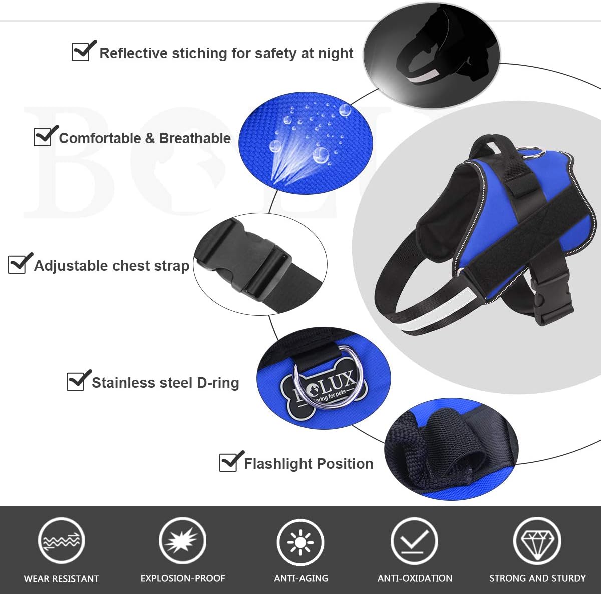 Bolux Dog Harness, No-Pull Reflective Dog Vest, Breathable Adjustable Pet Harness with Handle for Outdoor Walking - No More Pulling, Tugging or Choking (Blue, XL)