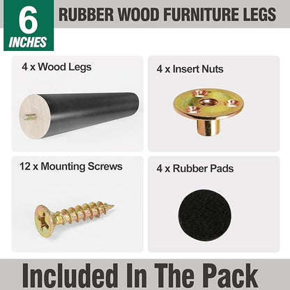 FoDau770 Black Rubber Wood Furniture Legs 6 Inches, Slant Tapered Wood Feet Mid Century Sofa Legs Set of 4, 5/16" UNC Furniture Feet Replacement Parts for Cabinet Couch Dresser Chair Ottoman Table