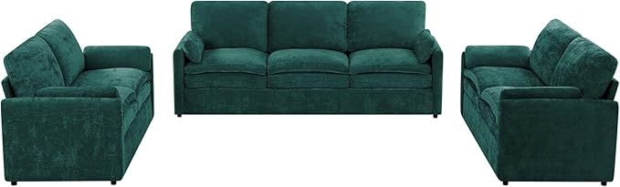 3 Pieces Chenille Sofa Set w/Arm Pillows, Upholstered 2 Pieces Loveseat & 3 Seater Sofa w/Comfortable Back Cushions, Modern 2-Seat & 3-Seat w/High-Density Foam for Living Room, Teal