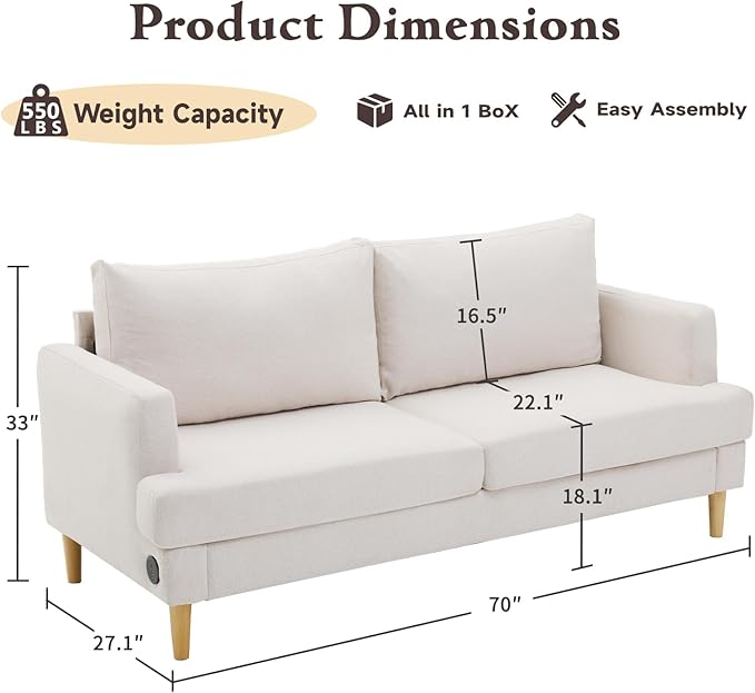 Loveseat Sofa Couch for Living Room with USB Type C Ports – Beige Upholstered 70" Small Couches for Bedroom, Office or Apartment–Modern 2-Seater Deep Seating with Soft Cushions & Sturdy Frame