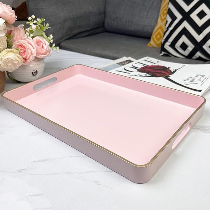 Pink Coffee Table Tray, Decorative Serving Tray with Handles, Plastic Rectangular Tray for Ottoman, Bathroom, Living Room. 15.7"*10.2"