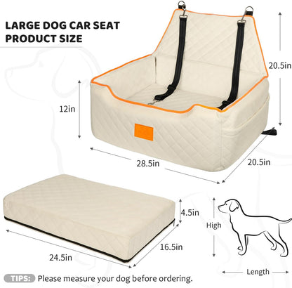 Dog Car Seat for Large/Medium Dog, Booster Seat Under 55Lbs or 2 Small Dogs, Detachable and Washable Travel Pet Seat with Thick Cushion and Storage Pockets (Beige)
