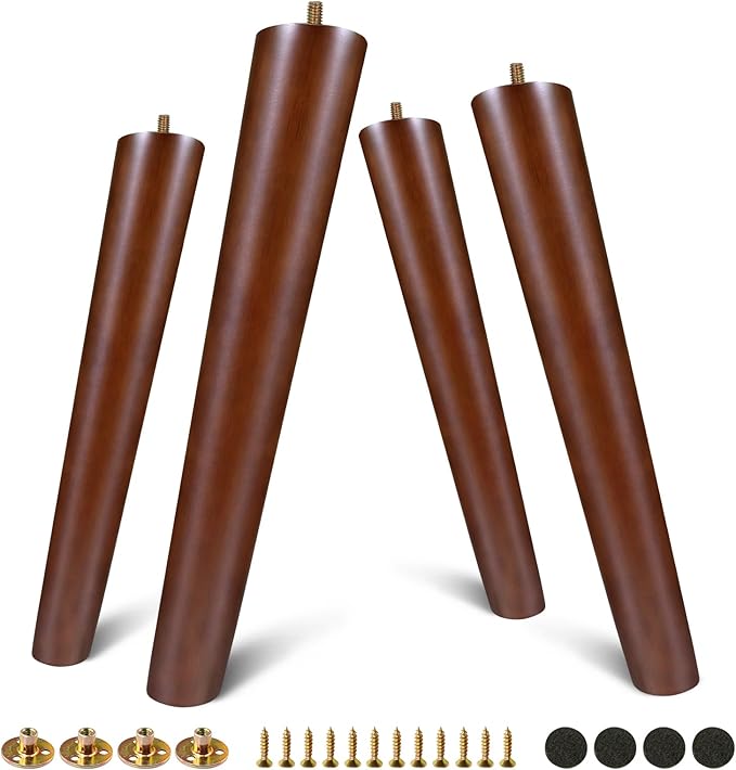 FoDau770 Brown Rubber Wood Furniture Legs 16 Inches, Slant Tapered Wood Feet Mid Century Sofa Legs Set of 4, 5/16" UNC Furniture Feet Replacement Parts for Cabinet Couch Dresser Chair Ottoman Table
