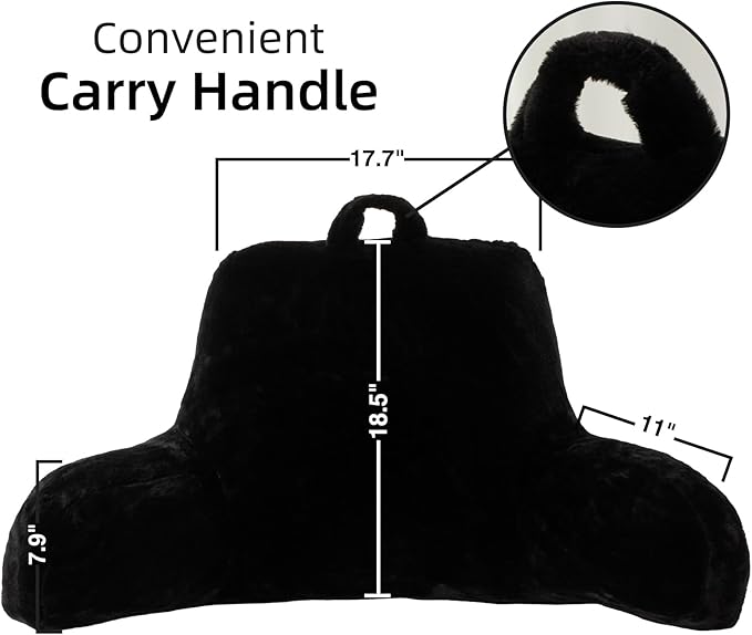A Nice Night Faux Fur Reading Pillow Bed Wedge Large Adult Children Backrest with Arms Back Support for Sitting Up in Bed/Couch for Bedrest,Black
