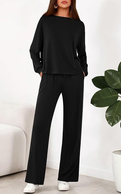 PRETTYGARDEN Womens 2 Pieces Lounge Sets Crewneck Long Sleeve Wide Leg Drawstring Pants Tracksuits Loose Fit Outfits Set