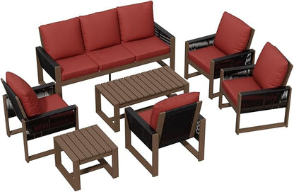 INTER HUT Rustic Hideaway Natural Cedar Wood Outdoor Furniture Set, Wicker Patio Conversation Set for Porch Garden Backyard, Couch, 4 Patio Chairs, Tables, 7 Piece, Brownish/Red
