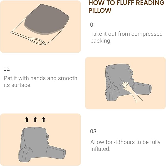 Unisakey Portable Comfy Reading Pillows for Bed Sitting Up(Brown Oeko-Tex), Velvet Back Pillow with Arms & Pockets for Adults, Support Memory Foam Bed Pillow for Dorm/Reading/Watching/Gaming