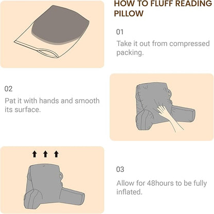 Unisakey Portable Comfy Reading Pillows for Bed Sitting Up(Brown Oeko-Tex), Velvet Back Pillow with Arms & Pockets for Adults, Support Memory Foam Bed Pillow for Dorm/Reading/Watching/Gaming