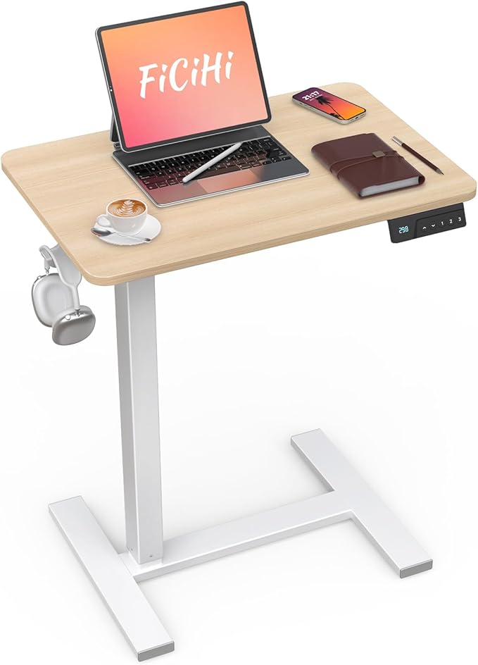 FiCiHi Small Electric Standing Desk - Adjustable Height Bedside Laptop Table with Wheels, Mobile, Portable Rolling Computer Cart,Movable, Home Office, Sofa, Couch Use(24x16,Maple)
