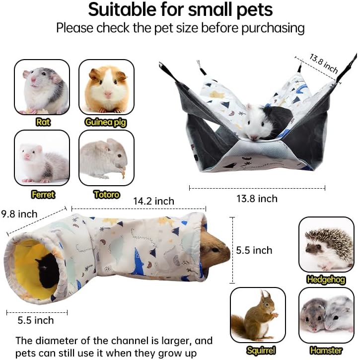 Large Caliber Guinea Pig & Rat Tunnel Hideout & Hammock, Corner Hideout Toy for Guinea Pig, Ferret, Hedgehog & Piggy to Hide and Shuttle (1. Hammock&Tunnel-Dinosaur)