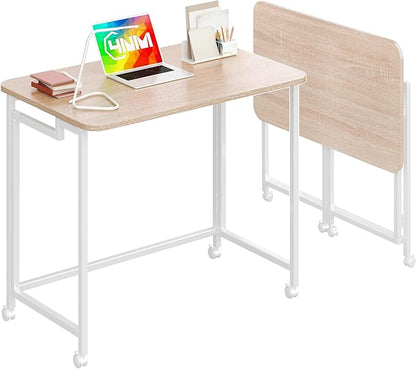 4NM 27.5" Mobile Small Rolling Computer Desk, Folding Laptop Cart Table with Wheels, Portable Office Desk for Small Space Couch Bed - Natural and White