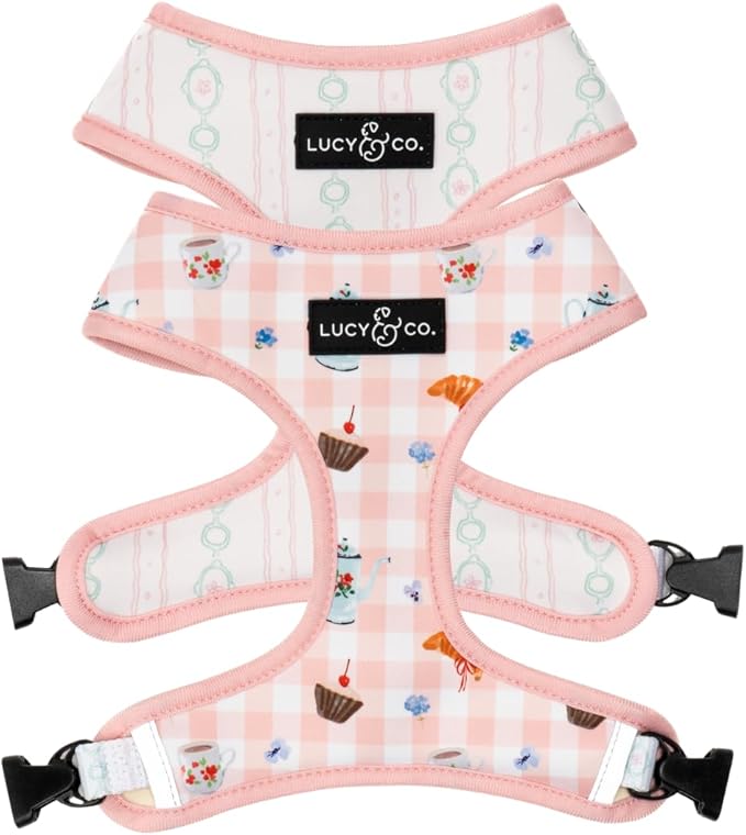 Lucy & Co. Reversible Dog Harness - Water-Repellent Neoprene, Dual-Print Design, Easy Swap Style, Adjustable Comfort Fit - Sipping Slowly Reversible Harness - X-Large
