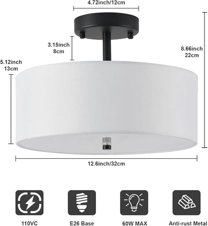 12.6" Semi Flush Mount Ceiling Light Fixture, 3-Light Black Drum Flush Mount Light Fixtures with White Fabric Shade, Modern Close to Ceiling Lights for Living Room Bedroom Hallway Entryway Foyer