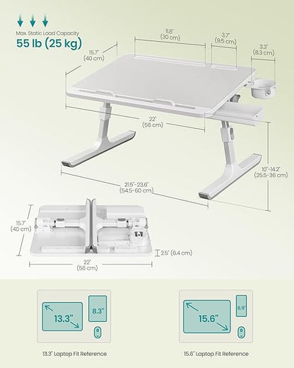 SONGMICS Bed Laptop Desk, Foldable Bed Desk for Laptop, 15.7 x 22 Inches Large Desktop, 120° Stepless Tilt, Adjustable Height, Cup Holder, Tray, Portable Bed Sofa Table, Gray ULLD113GZ01