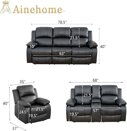 A Ainehome Living Room Furniture Set Leather Recliner Sofa Set Loveseat Chair Furniture Sofa Set for Living Room/Small Space/Rv/House/Office/Theater Seating (A-Black Leather, 3 Piece Set)
