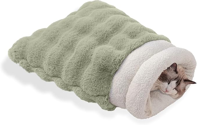 Cat Sleeping Bags for Indoor Cats Self Warming Cat Bed Fits up to 15 lbs Pets Soft Plush Warm Bed 360° Wrap Bag Washable Comfortable Pet Sleeping Bed 21" × 17" Green