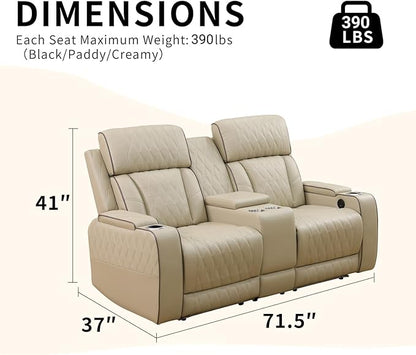 Caberryne Power Recliner Sofa with LED Lights,Leather Reclining Loveseat with Double Recliner/USB Port/Storage Console/Cup Holder for House/Home Theater(2 Seater Loveseat,Paddy)