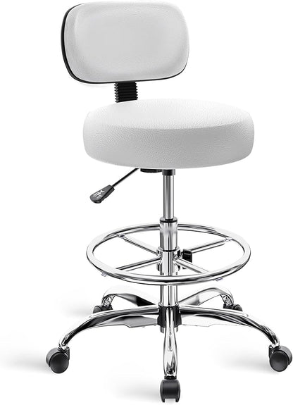 SUPERJARE Drafting Chair with Back, Adjustable Foot Rest Rolling Stool, Multi-Purpose Office Desk Chair, Thick Seat Cushion for Home Bar Kitchen Shop - White