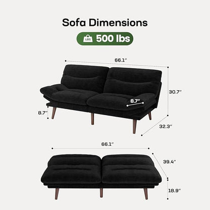 Marsail Futon Sofa Bed, 66” Futon Couch with Adjustable Backrest & Armrests, Convertible Small Sleeper Sofa Bed for Small Apartments, Study Room, Office, Corduroy Loveseat, Black