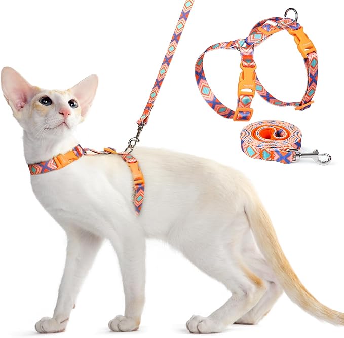Dooradar Cat Harness and Leash, Escape Proof Adjustable Kitten Vest, Lightweight Soft Pet Straps, Easy Wearing for Small Medium Kitty Safe Walking Travel Control, Orange & Blue, S