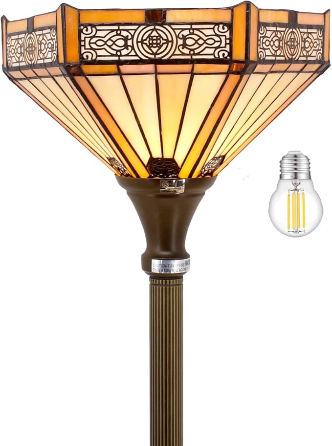 WERFACTORY Tiffany Floor Lamp Yellow Hexagon Stained Glass Mission Light 12X12X71 Inches Torchiere Standing Corner Torch Uplight Decor Bedroom Living Room Home Office S011 Series