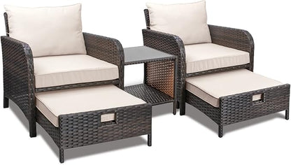LEVELEVE Balcony Furniture 5 Piece Patio Conversation Set, PE Wicker Rattan Outdoor Lounge Chairs with Soft Cushions 2 Ottoman&Glass Table for Porch, Lawn-Brown Wicker