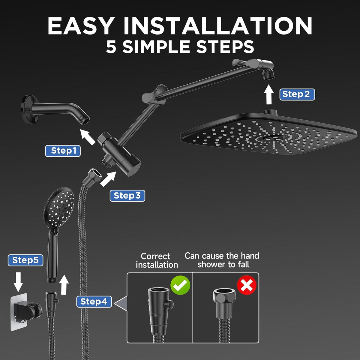 Veken Wide Rain Shower Head with 6 Modes Handheld Water Spray，High Pressure Showerhead Combo with Arm for Bathroom Accessories，Home Decor Adjustable Dual Shower with Anti-Clog Nozzles，Matte Black