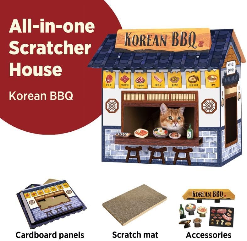 Cat Beds for Indoor Cats, Cardboard Cat House with Scratchers, Korean BBQ, Large Sturdy Cat Furniture Condo Cave Tent, Easy to Assemble Pet Toys Accessories Stuffs, Bunny Small Animals