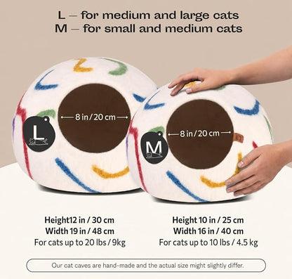 Cat Cave – Premium Felt Cat Bed Enclosure for Indoor Cats, Handmade Merino Wool (Ivory Rainbow, Large)