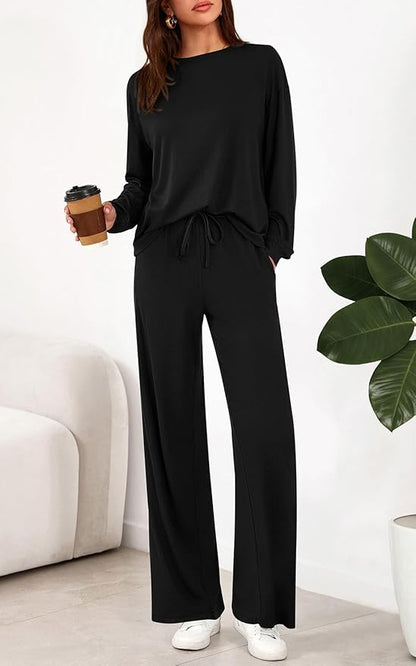 PRETTYGARDEN Womens 2 Pieces Lounge Sets Crewneck Long Sleeve Wide Leg Drawstring Pants Tracksuits Loose Fit Outfits Set