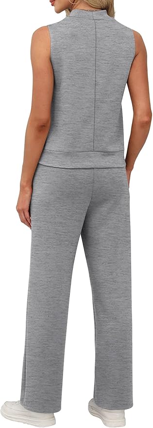 XIEERDUO Two Piece Sets for Women Summer Outfits Travel Mock Neck Lounge Sets Wide Leg Pants Beach Vacation Clothes