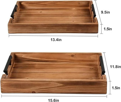 Coffee Table Tray Decorative Nested Vintage Wood Serving Tray Set for Eating, Breakfast, Party, Kitchen, Ottoman,Tea Coffee Table Large Ottoman Trays (Wood, 2pc)
