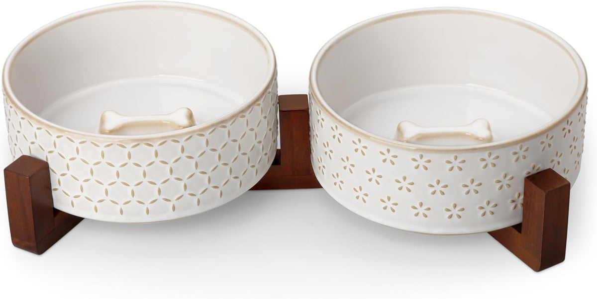MALACASA Dog Bowl Set with Walnut Wood Stand, 3.5 Cups Ceramic Pet Bowls for Puppy Dogs, Dual Food and Water Bowls with Non-Slip Base, Basic Bowls for Your Dog or Cat, Five-Leaf Grass & Honeycomb