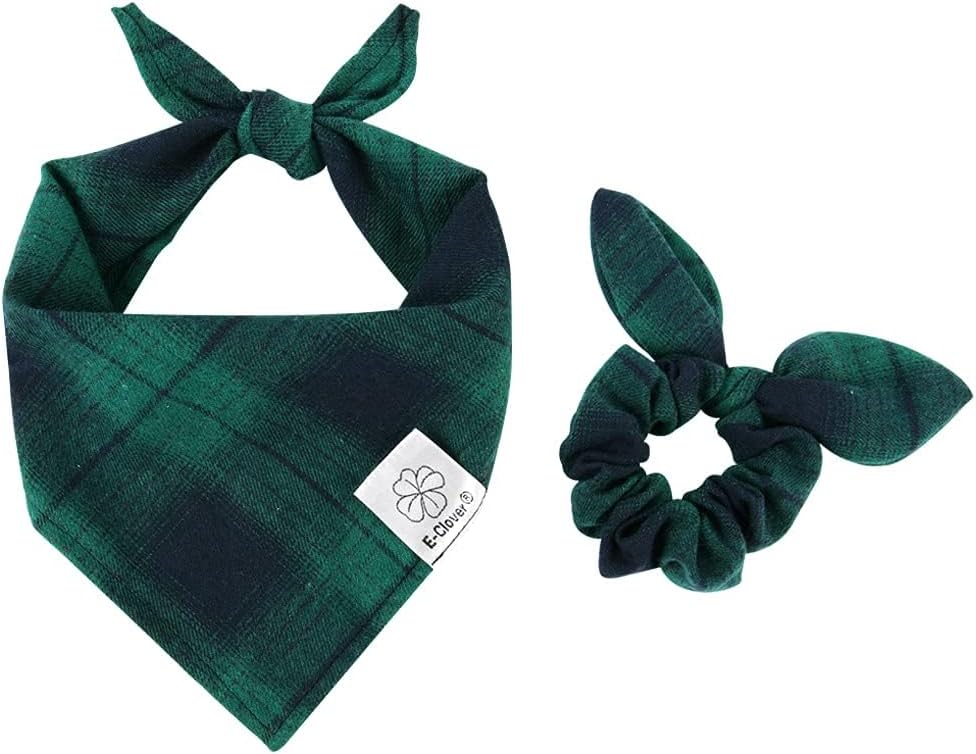 E-Clover Summer Dog Bandanas Boy & Matching Scrunchie Set Plaid Dog Bibs Scarf Triangle Kerchief Bandana for Medium Large Dogs Birthday Gifts Pet Owner Mom Green