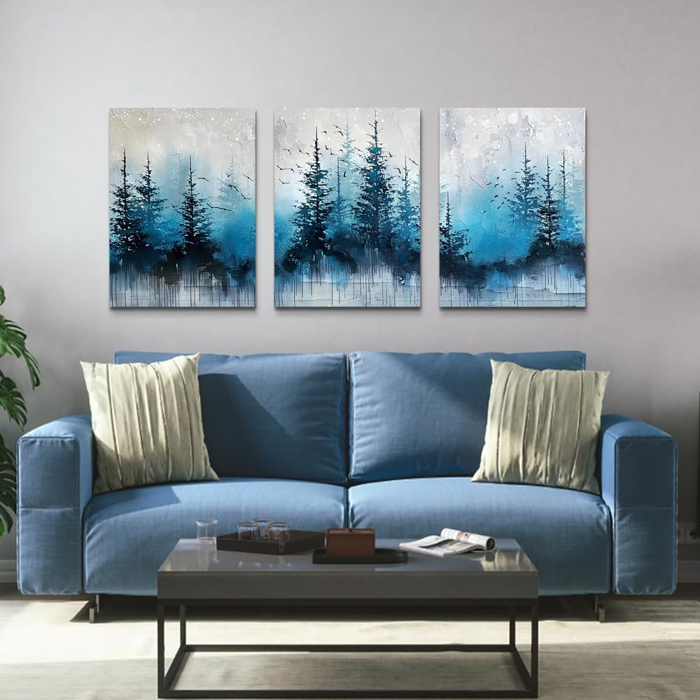 TTHYUEWS Boho Wall Art For Living Room Canvas Wall Decor For Bedroom Forest Landscape Wall Pictures Blue Tree Abstract Wall Paintings Artworks Ready To Hang Office Aesthetic Wall Decoration 3 Piece