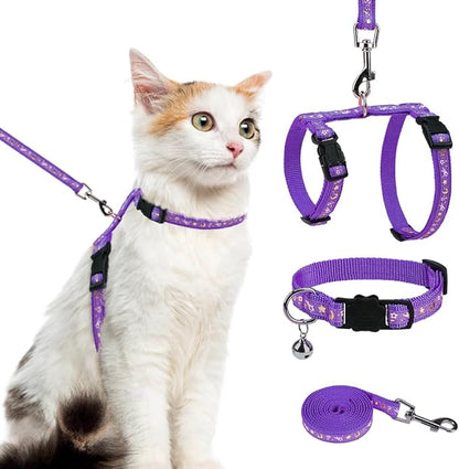 PAWCHIE Cat Harness with Leash and Collar Set - Escape Proof Adjustable H-shped Cat Harness with Star and Moon Pattern Glow in The Dark for Kitty Outdoor Walking, Purple M
