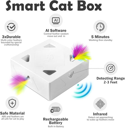 Migipaws Automatic MigiBox Cat Toys 3 n1 Interactive Pounce Mystery Under PopSkin 7 Holes Cardboard Kitten Toys for Indoor Rechargable 6 Accessories(Purple)