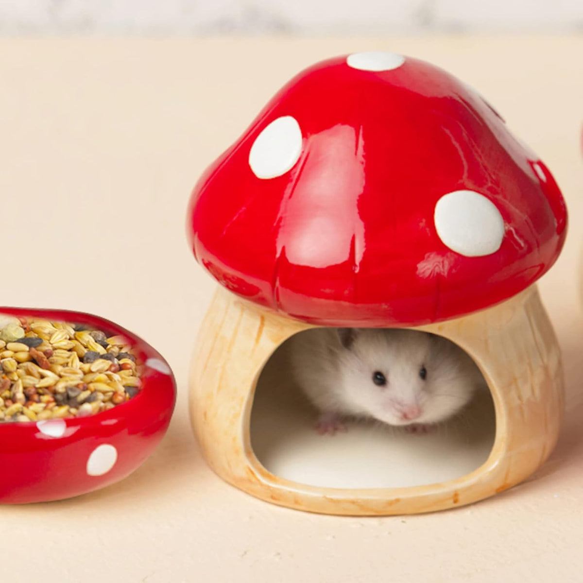 Ceramic Mushroom Guinea Pig House Hamster Hide Bed Includes Hamsters Food Bowl Guinea Pig Hideout for Hamster Chinchilla Hedgehog Rat Small Animals(Red Mushroom Set)