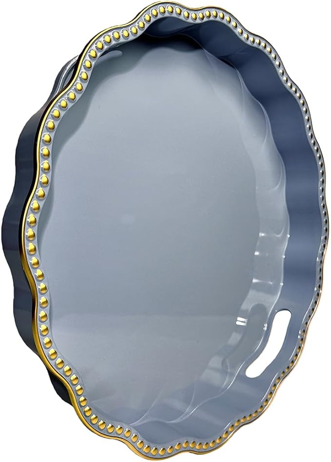 Blue Decorative Tray for Coffee Table, Wavy Scallop Beaded Plastic Serving Tray forKitchen Counter, Ottoman, Living Room, (13")