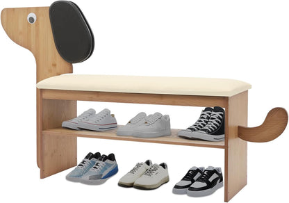 Cute Dog Shoe Bench with Cushion, 51.6”L x 11.8”W Puppy Shoe Storage Bench Beige 2-Tire Bamboo Shoes Rack Bench for Entryway Living Room Hallway Bedroom 220Lbs Load Capacity