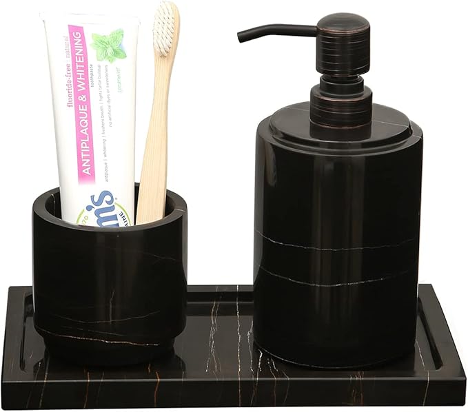 Natural Real Marble Bathroom Vanity Tray Countertop 9'' Makeup Organizer for Dresser, Guest Towel Holder Tray Napkin Holder for Bathroom (Black)
