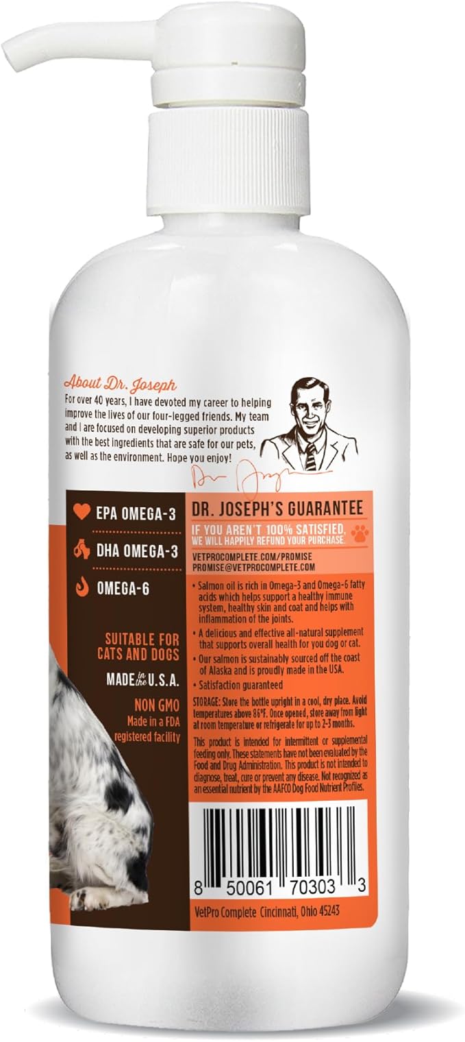 VetPro Complete Wild Alaskan Salmon Oil Formula Supplement for Dogs & Cats, 16 Ounces, Omega 3 & 6 Liquid Fish Oil, EPA + DHA Fatty Acids, Coat & Joint Support, Helps Dry Skin & Allergies, Add to Food