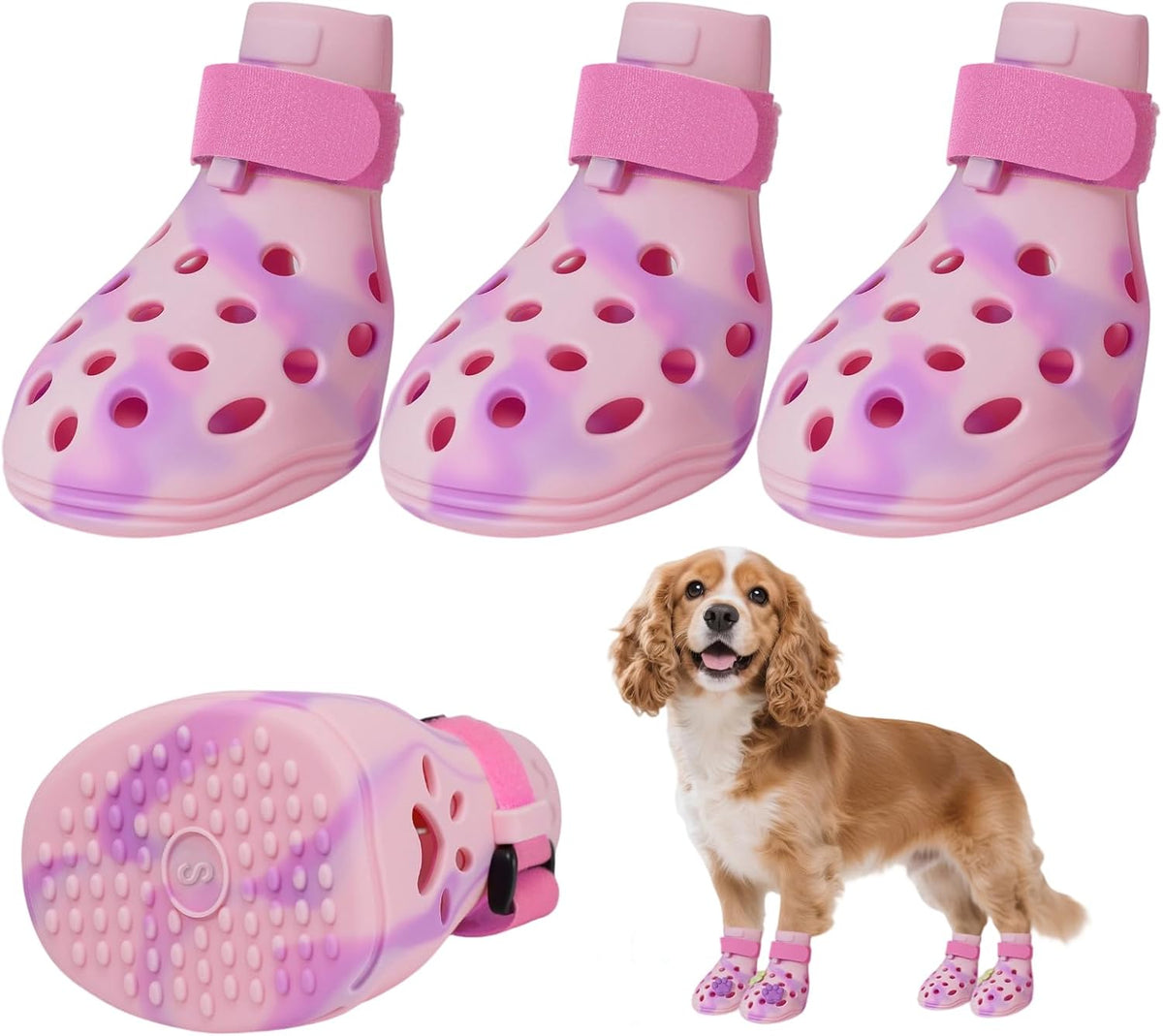 Dog Shoes for Hot Pavement, Adjustable Magic Tape Boots for Small, Medium & Large Dogs, Anti-Slip, Easy to Clean Paw Protectors for Beach, Outdoor & Hot Weather (Pink S)