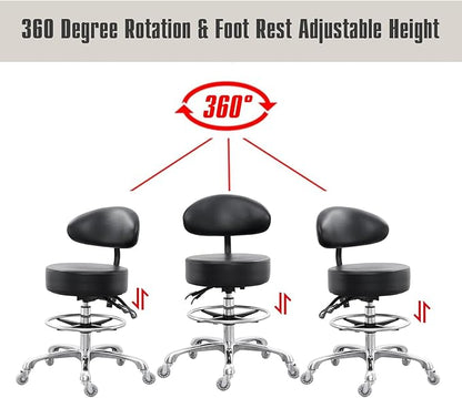 Grace&Grace Drafting Chair Big Cushion Rolling Stool with Back, Tall Shop StoolRolling Chair with Footrest for Studio, Workshop, Classroom, Lab, Counter, Home Office (Black)