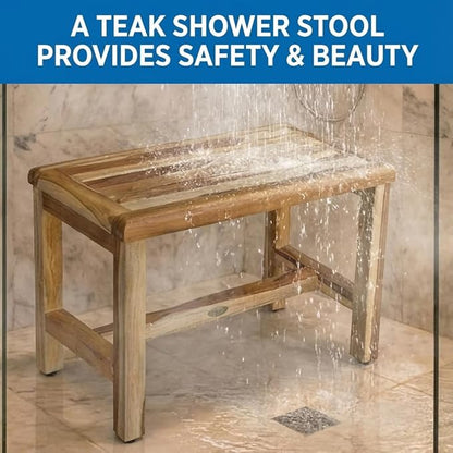 EcoDecors Eleganto 24 Inch Natural Color Waterproof Teak Wood Shower Bench Stool Seat Chair For Inside Shower Provides Safety, Storage, and Organization For Bathroom Accessories
