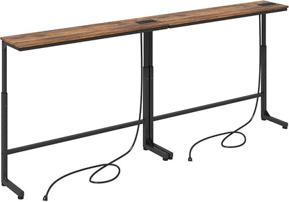 Kitstorack 2-Pack Rustic Brown Console Table, 7.9" Deep Panel, Adjustable Height (25"-33") & Built-in Power Outlets, Behind Sofa Couch, Includes 4.9' Power Cord - 79" L