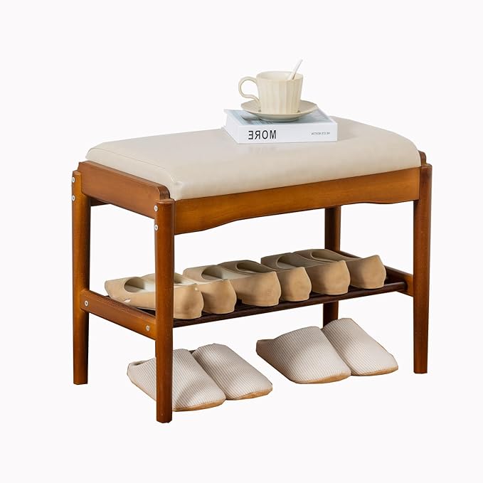 latifolia Small Shoe Bench, Solid Wood Bench with Cushion, 2 Tier Shoe Storage Organizer for Entryway(Walnut,23.62''L)