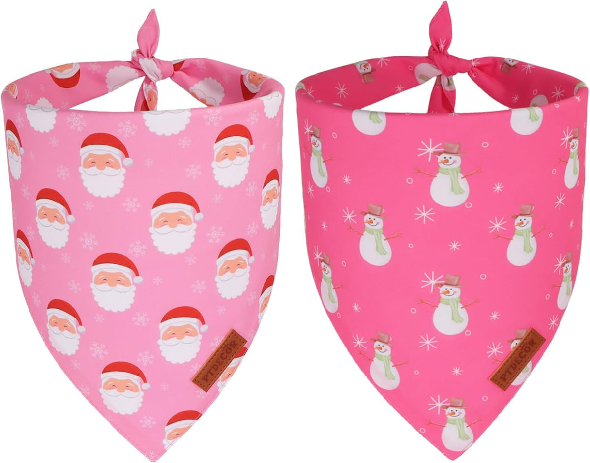 PTDECOR Christmas Dog Bandana, Santa Snowman Design Reversible Holiday Pet Scarf, Pink Triangle Fit Female Christmas Bandanas for Extra Large Dogs (X-Large)